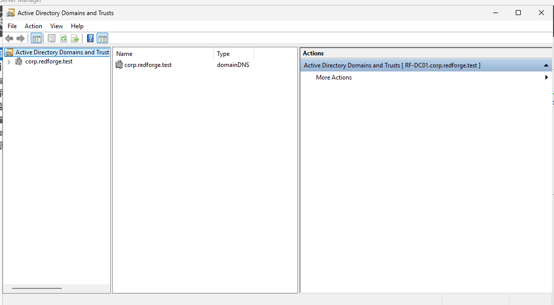 Active Directory Domains and Trusts showing the RedForge enterprise test forest