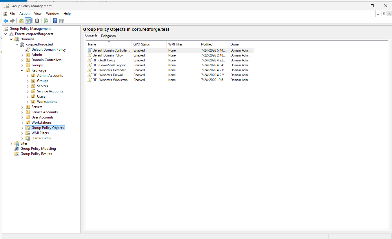 Group Policy Management showing the implemented RedForge policy objects