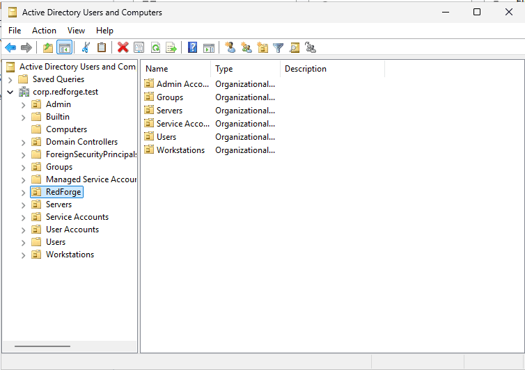 Active Directory Users and Computers showing the RedForge organizational unit hierarchy