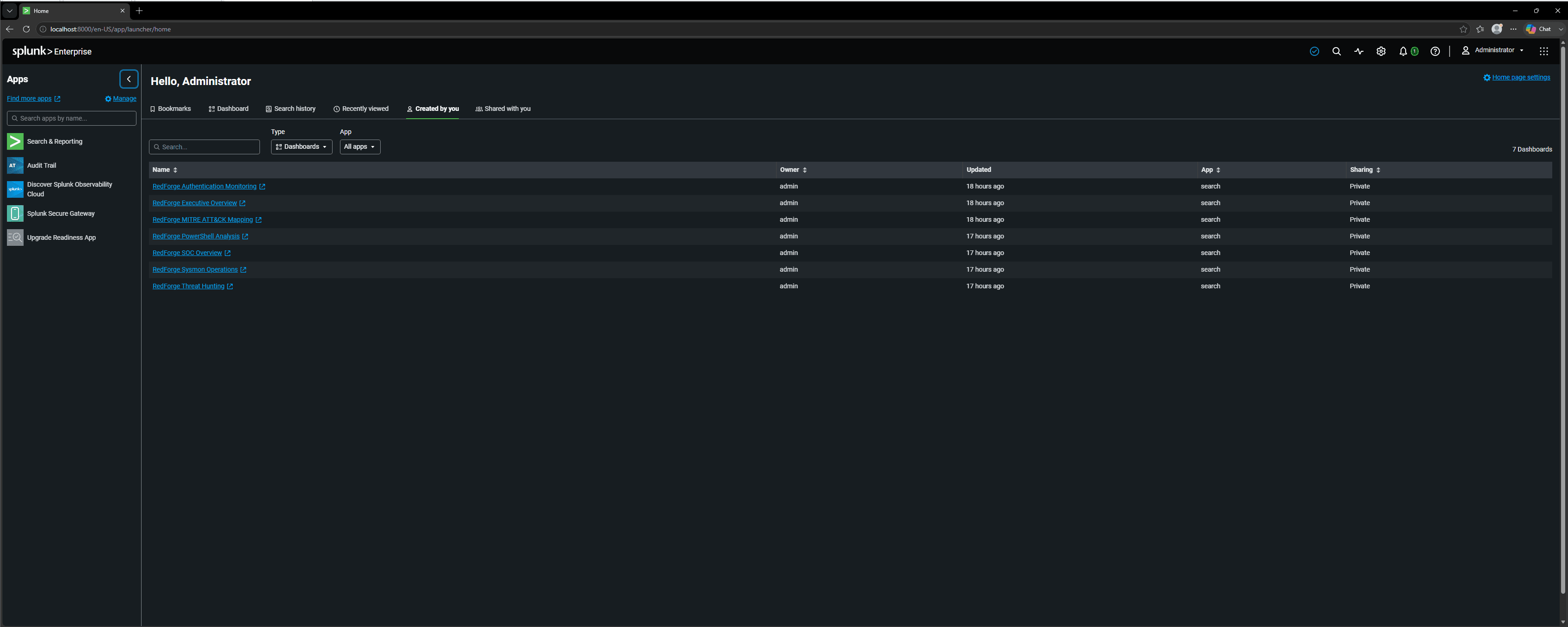 Splunk Enterprise home view showing installed enterprise applications